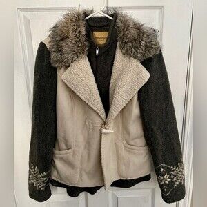 Du Monde Up Country faux shearling knit sweater/jacket with faux fur collar Med